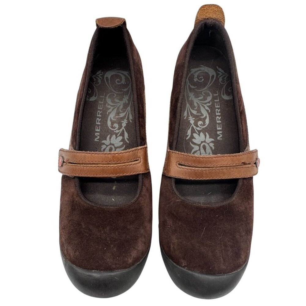 Merrell Womens Plaza Bandeau Mary Jane Shoes Size 9 Brown Suede Slip On Wedge